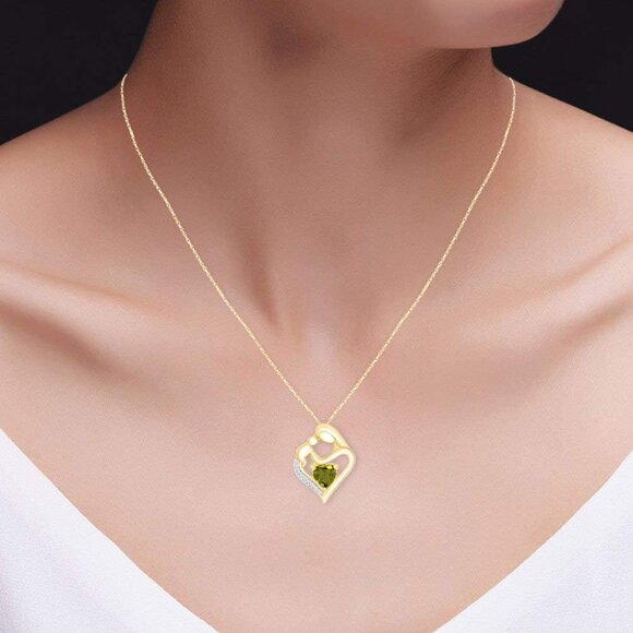 Heart Pendant Necklace with 7MM Simulated Peridot & White Diamonds, 14K Gold Sil - Picture 5 of 5